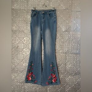 Embroidered Bohemian Woodstock Flare Jeans High Rise Blue Wash Hippy Denim Boho